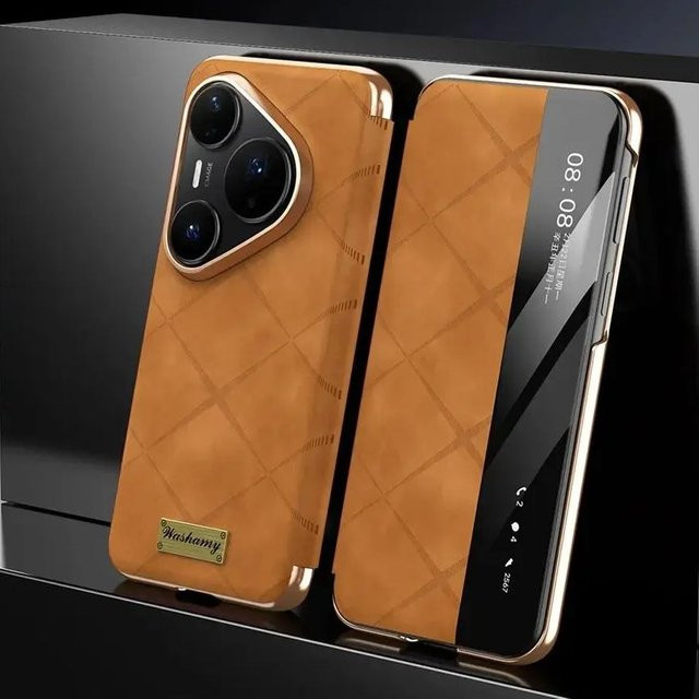 Echtes Lederetui für Huawei Pura 80 Pro Plus, Pura 80 Ultra und Pura 70 Pro+ mit intelligentem Sichtfenster und Glaslinsenabdeckung in Schwarz oder Braun - Bild 1