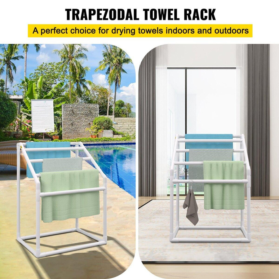 Buying Solutions, MB Pool-Handtuchständer aus PVC in Weiß mit 5 Stangen, 8 Handtuchklammern, Netztasche und Haken, freistehender Aufbewahrungsorganizer für den Außenbereich, H x B x T: 127 x 64 x 15 cm - Bild 3
