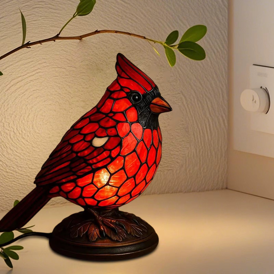 Realistische Vogel Nachttischlampe aus Harz in Rot und Braun für das Kinderzimmer - Bild 4