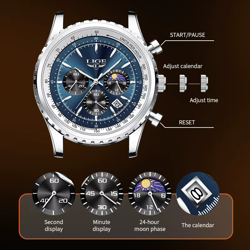 LIGE Armbanduhr, Quarz, Leder, Edelstahl, Blau, Herren - Bild 5