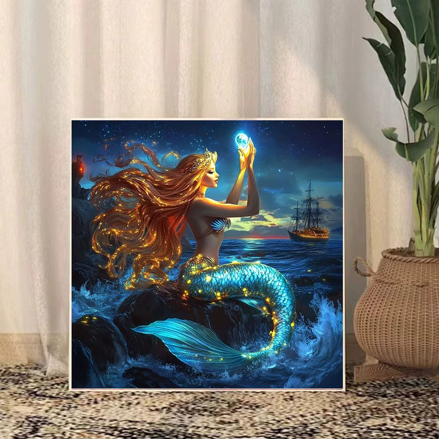 Huacan Diamantmalerei Meerjungfrau mit Wellen und Segelboot als 5D DIY Stickerei Set in Rund, Multicolour, Durchmesser: 20 cm - Bild 3