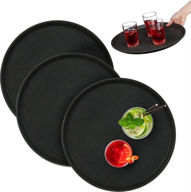 Relaxdays Serviertablett 3er Set aus Kunststoff in Schwarz, rutschfest und stapelbar, Durchmesser: 40 cm, Höhe: 2 cm - Bild 1