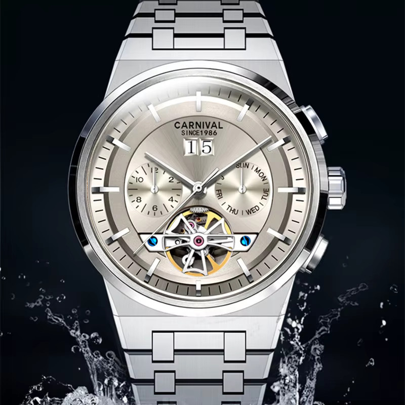 KARNEVAL Armbanduhr Automatik, Edelstahl, Silber, Leder, Herren - Bild 5
