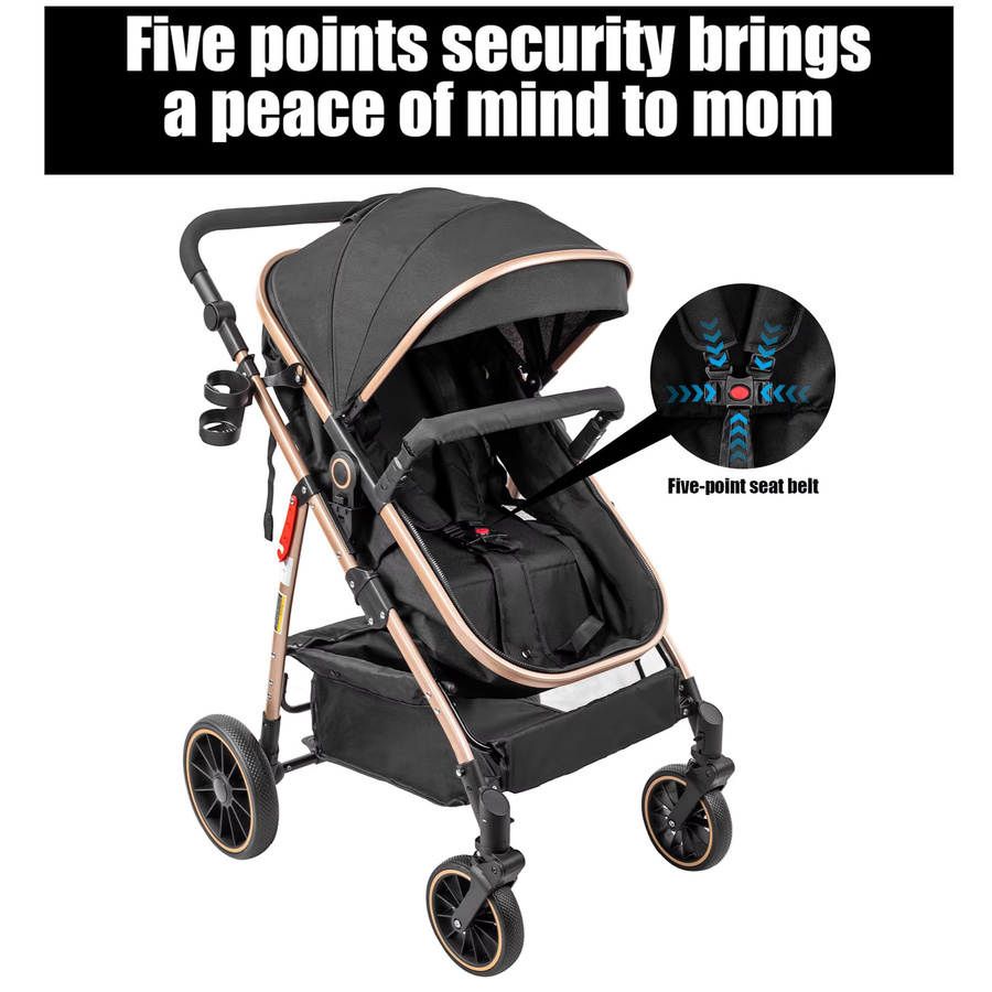 Prokoke 3-in-1 Baby-Kinderwagen Reisesystem mit Babyschale, Babytragetasche und Liegewagen in Schwarz-Gold - Bild 4