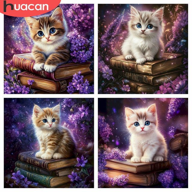 HUACAN Diamond Painting Set Katze mit Fliederblüten in Lila und Multicolour, 5D DIY Diamant-Mosaik für deine Wanddekoration - Bild 1