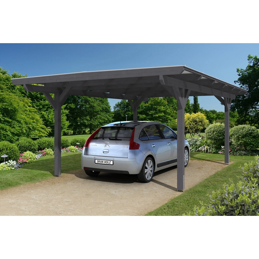 Skan Holz Carport Odenwald aus Fichte Leimholz in Schiefergrau mit Doppelstegplatten und geraden Kopfbändern, Breite: 428 cm, Tiefe: 648 cm, Höhe: 238 cm - Bild 2