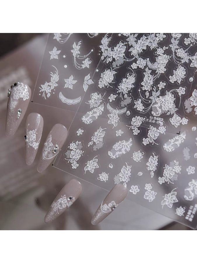 NAILFYOU Nagelaufkleber Weiße Spitzen-Blumen, 5D Geprägte Blumenrelief, Glänzend - Bild 3