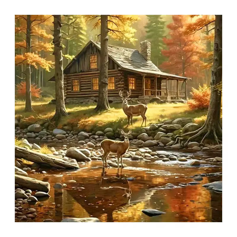 Huacan Diamantgemälde Hirschhaus Landschaft als Diamantmosaik Komplettset in Mehrfarbig mit herbstlichem Motiv - Bild 5