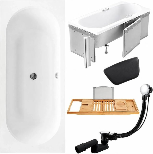 KOLMAN Badewanne Rechteck aus Acryl in Weiß mit Styroporverkleidung, Bambus-Badewannenablage, Kopfstütze, Ablauf und Füßen, B/T: 160 x 75 cm - Bild 1