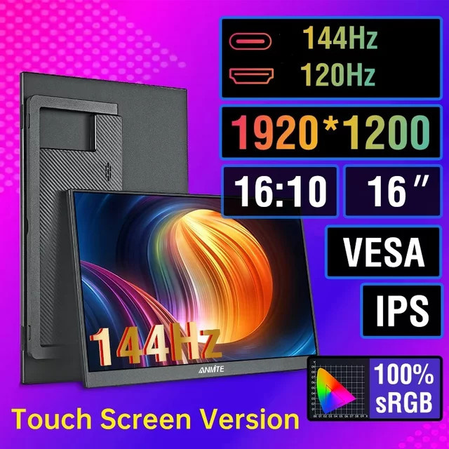 Anmite 16 Zoll Tragbarer Monitor mit 144Hz und 1200P Full HD Auflösung in Schwarz für Xbox, PlayStation, Nintendo Switch, PC und Laptop - Bild 1