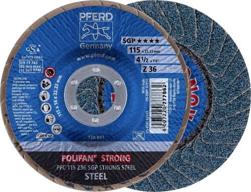 PFERD POLIFAN STRONG Fächerschleifscheibe SGP STEEL für Metall, Blau, Durchmesser: 115 mm, Bohrungs-Ø: 22,23 mm, Körnung: 36 - Bild 1