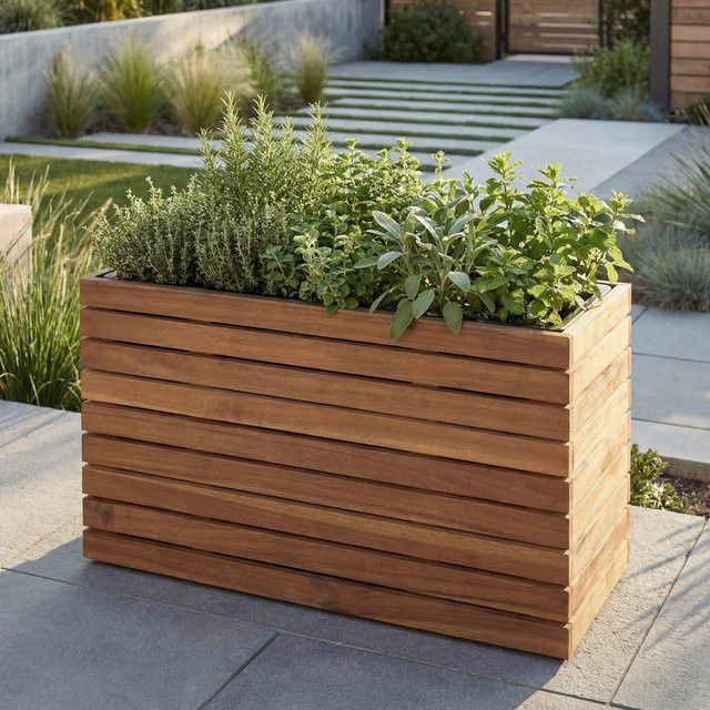 Pflanzkasten MCW-L21 aus Akazie Holz in Hellbraun, eckiger Pflanzkübel für Outdoor, B/T/H: 63 x 41 x 23 cm - Bild 1