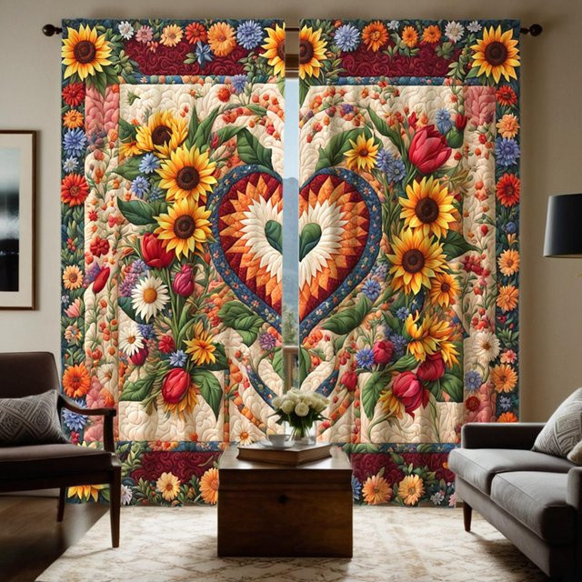 2er-Set Sonnenblumen Vorhänge mit Ösen in Beige und Gelb, halbtransparente Florale Dekovorhänge für Wohnzimmer und Schlafzimmer, Breite: 132 cm, Höhe: 160 cm - Bild 1