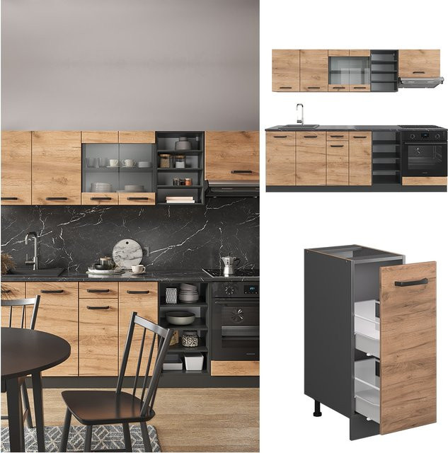 Vicco R-Line Küchenzeile Einbauküche in Anthrazit und Eiche, Breite: 240 cm - Bild 1