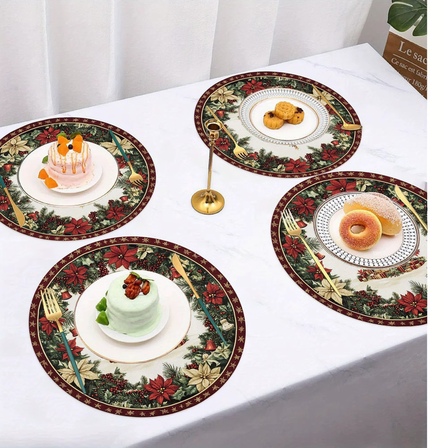 VIKAMA 4er-Set Weihnachts-Tischsets mit Weihnachtsmann-Motiv, Glocken und Stechpalmenblättern in Mehrfarbig - Bild 3