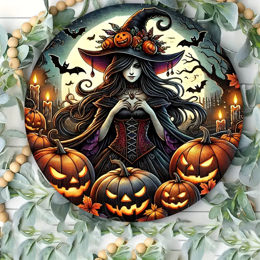 HELLOYOUNG Halloween Metallschild mit Hexe und Kürbis, runde Wanddekoration in Multicolour, Durchmesser: 20 cm - Bild 2