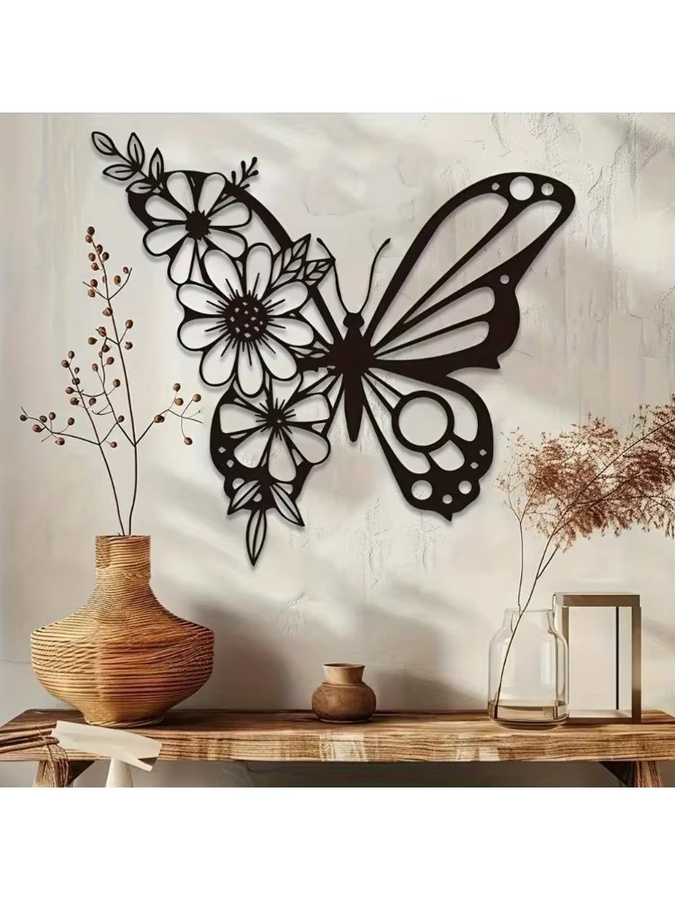 CIFBUY Art-Deco Wandkunst aus Metall mit Schmetterlingen und Blumenskulptur in Schwarz zur Wandmontage - Bild 4