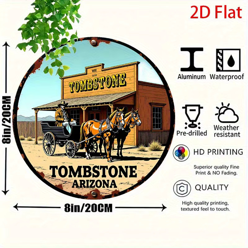 Potdemiel Vintage Western Tombstone Arizona Schild mit Cowboys und Pferdekutsche, Metall, Mehrfarbig, Durchmesser: 20 cm - Bild 2