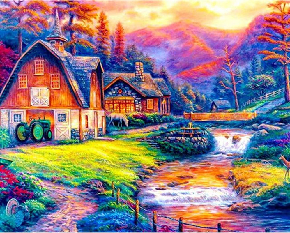 FIYO Diamond Painting Set Landhaus Motiv mit runden Steinen, Mosaik Stickerei für die Dekoration, Mehrfarbig, Breite: 30 cm, Höhe: 20 cm - Bild 1