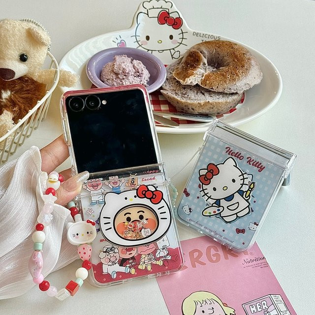 Sanrio Hello Kitty Handyhülle mit Ständerhalter und Umhängeband für Samsung Galaxy Z Flip 7 6 5 4 3 in Transparent - Bild 1