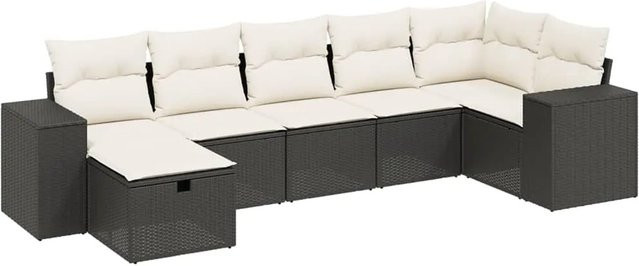 vidaXL 7-tlg Garten-Sofagarnitur aus Poly Rattan in Schwarz mit Kissen und Ottoman, L-Form mit Metallgestell - Bild 1