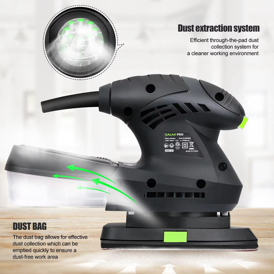GALAX PRO Elektrischer Detail-Schleifer 200W mit 12000 OPM und Staubabsaugung in Grün-Schwarz inklusive 10 Stück Schleifpapier - Bild 5