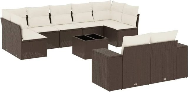 vidaXL 10-teilige Garten-Sofagarnitur in L-Form aus braunem Poly-Rattan mit Kissen und Metallrahmen - Bild 1