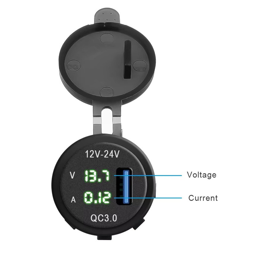 velev QC3.0 Autoladegerät mit Voltmeter und Amperemeter in Schwarz für Motorrad, Marine und Boot, 12V/24V, wasserdicht - Bild 2