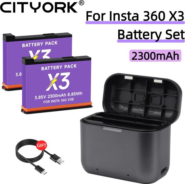 CITYORK Akku und 2-Slot-LED-Ladegerät Set für Insta360 X3, Li-Ion, 2300 mAh, Schwarz - Bild 1