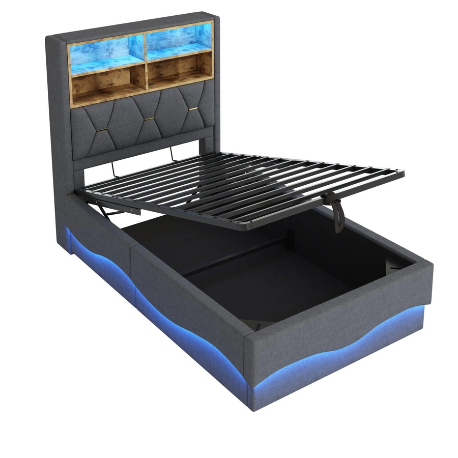 Merax Kinderbett mit Hydraulik, LED-Beleuchtung und USB-Anschluss, Farbe Grau, B/T/H: 90 x 200 x 131 cm - Bild 2