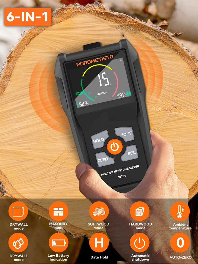 POROMETISTO WT01 Pinless Digital Holzfeuchtemessgerät Induktiver Feuchtigkeitsmesser für Holz Beton Zement und Ziegel in Schwarz - Bild 7