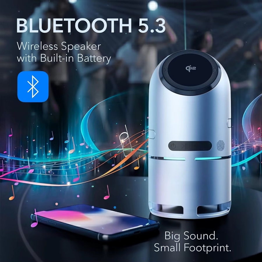 VIKEFON 3-in-1 magnetisches kabelloses Ladegerät mit Bluetooth-Lautsprecher und automatischer Drehung, Qi2 15 W Schnellladestation für iPhone 12–17, Apple Watch und AirPods, Farbe: Silber - Bild 3