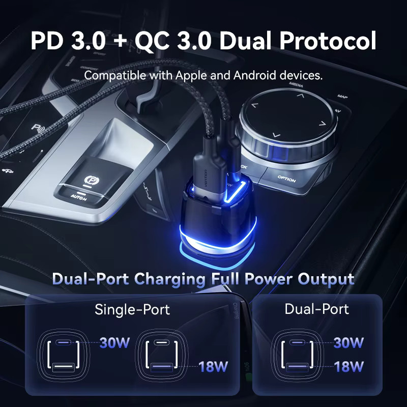Vention USB-Autoladegerät mit 48 W Schnellladung QC3.0 und PD Typ C in Schwarz - Bild 2