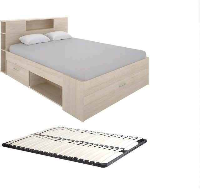 Vente-unique Bettrahmen Leandre mit Schubladen in Naturfarben Beige, B/T/H: 140 x 190 x 218,5 cm - Bild 1
