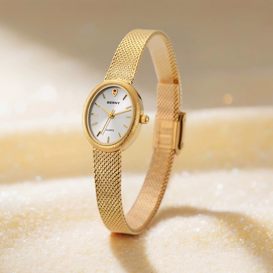 BERNY Armbanduhr Damen, Gold, Quarz, oval, Milanaise, Weiß - Bild 3