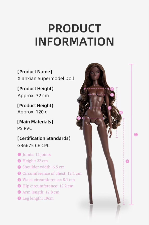 Xianxian Princess Supermodel-Puppe, 32cm, mit braunem lockigem Haar, 12 Gelenke, beweglicher Körper + Kopf - Bild 2