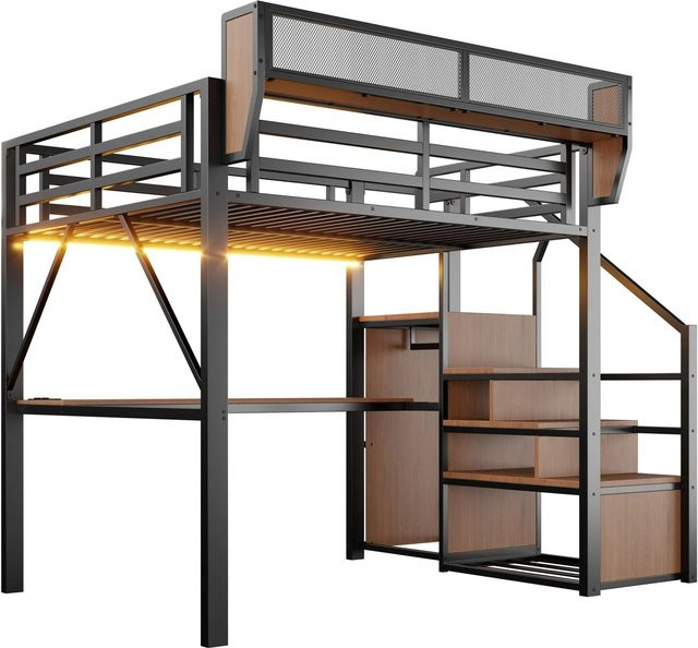 Merax Hochbett aus Metall mit Schreibtisch, LED-Beleuchtung und USB-Ladeport, Schwarz, B/T/H: 200 x 140 x 191 cm - Bild 1