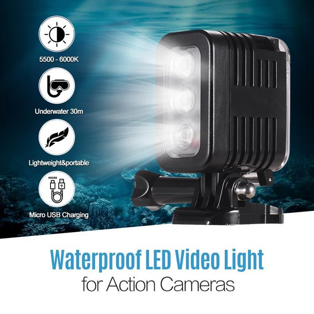 Wasserdichte LED-Videoleuchte Tauchlampe für GoPro Hero 7 6 5 in Weiß mit 5500-6000k Farbtemperatur und 30m Tiefe - Bild 1