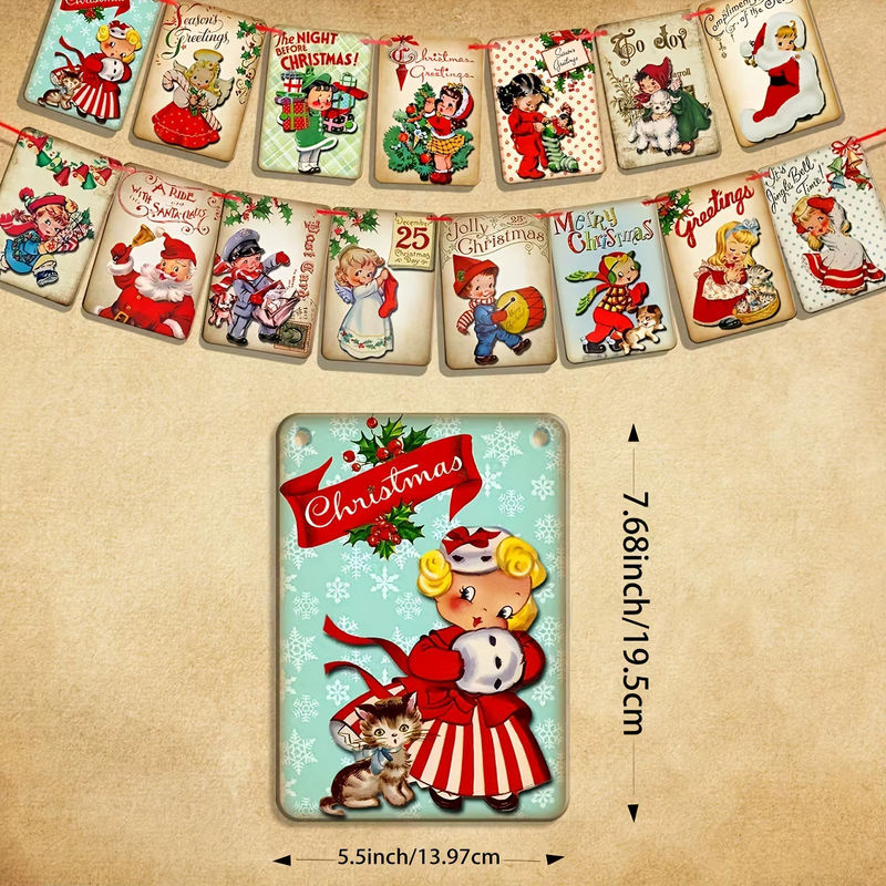 15er Set Vintage Weihnachten Banner Girlande aus Papier in Mehrfarbig für deine Weihnachtsdekoration - Bild 3