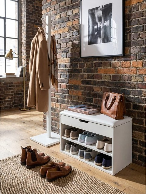 KADIMA DESIGN Schuhbank aus Holz mit gepolsterter Sitzfläche und Stauraum in Weiß, B/T/H: 60 x 30 x 40 cm - Bild 1