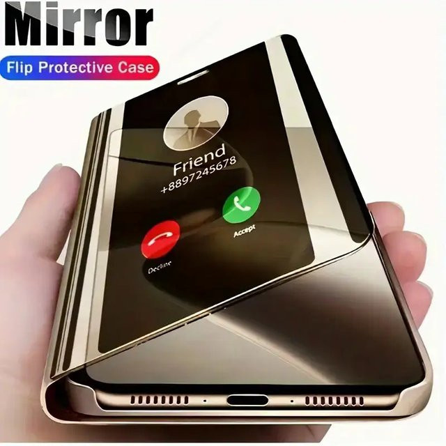 Apple Smart Mirror Flip Handyhülle mit Lederbeschichtung und Ständer für iPhone 17 Air 16 15 14 13 12 11 Pro Max Plus in Schwarz - Bild 1