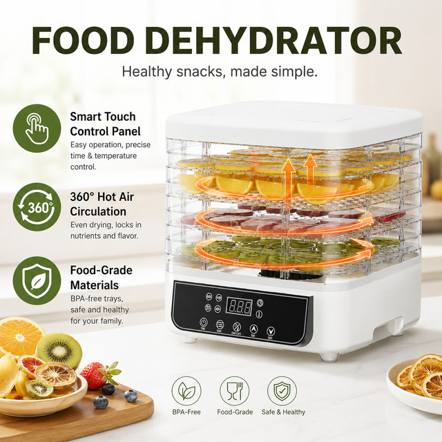Jianyana Haushalts-Lebensmittel-Dehydrator in Weiß mit intelligenter Touch-Steuerung und 360 Grad Heißluftzirkulation zur Trocknung von Obst, Gemüse, Beef Jerky und Kräutern - Bild 1