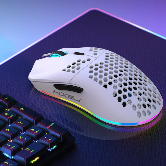 HXSJ Kabellose Gaming-Maus mit RGB-Beleuchtung in Weiß, Wabendesign und 2,4G USB Plug & Play, wiederaufladbar für Rechtshänder - Bild 1