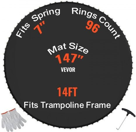 VEVOR Ersatz-Trampolintuch Schwarz für 14ft Rundtrampolin mit UV-beständigem Sprungtuch und V-Ringen für 7 Zoll Federn inklusive Werkzeug - Bild 1