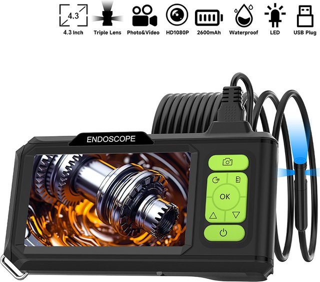 ENWOR Industrie-Endoskop mit 4,3 Zoll IPS-Bildschirm, USB-C Anschluss und Autofokus-Objektiv für die Automotive-Inspektion, Schwarz - Bild 1