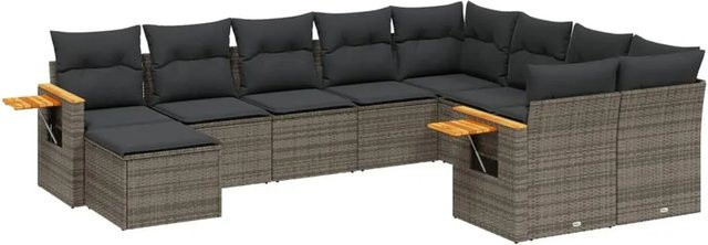 vidaXL 10-teilige Garten-Sofagarnitur aus Poly-Rattan und Akazienholz in Grau mit Kissen - Bild 1