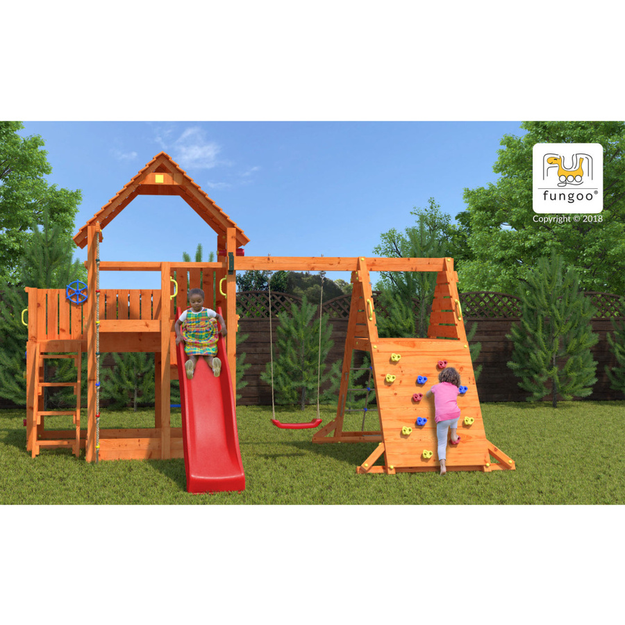 Fungoo Spielturm Big Leader Spider Red in Teak mit Einzelschaukel, Kletterturm, Rutsche und Sandkasten - Bild 2