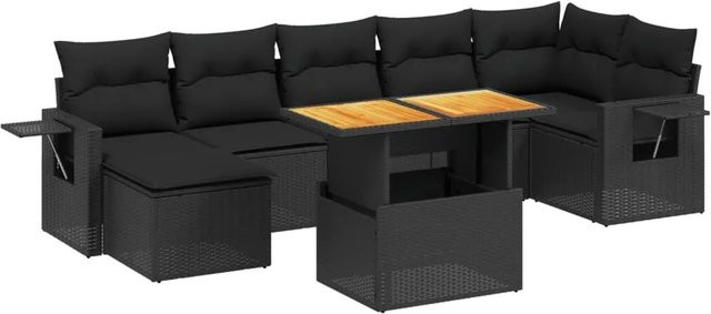vidaXL 8-teilige Garten-Sofagarnitur in L-Form aus Polyrattan und Akazienholz mit Kissen, Schwarz - Bild 1