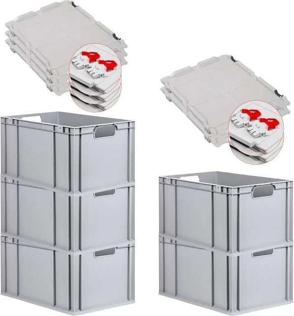 PROREGAL Spar Set 5x Eurobox Nextgen Economy mit Scharnierdeckel und roten Schiebeschnappverschlüssen, Farbe: Rot/Grau, H x B x T: 32 x 40 x 60 cm - Bild 1