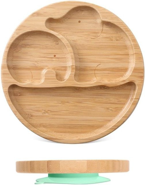 Baby-Essgeschirr-Set von Binchi Outdoor Product aus Silikon und Bambus, BPA-frei, inklusive Löffel und Gabel in Grün und Braun - Bild 1